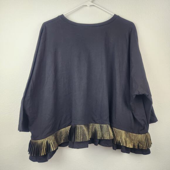 Traffic People Blouse Black Gold Pleating Size Small NWT 3/4 Sleeve Boxy Wide - Picture 5 of 7